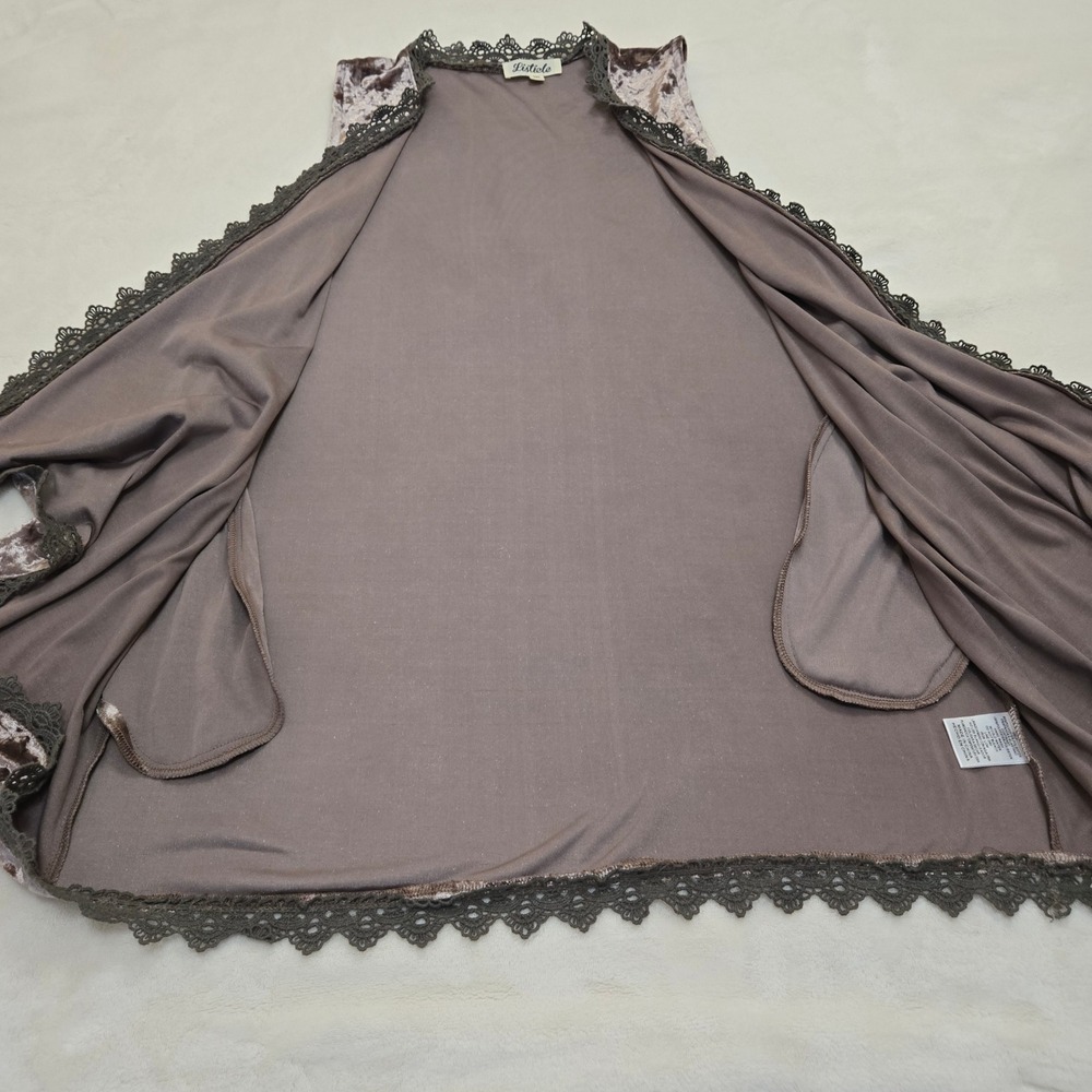 Listicle Womens Crushed Velvet Open Front Vest Mauve Lace Trim LJ0053 Size M - Picture 9 of 10